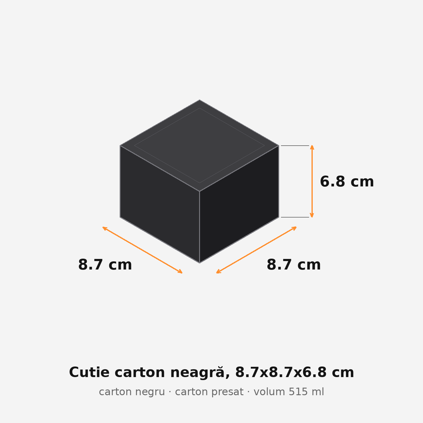 Cutie carton neagră, 8.7x8.7x6.8 cm – schemă cu dimensiuni