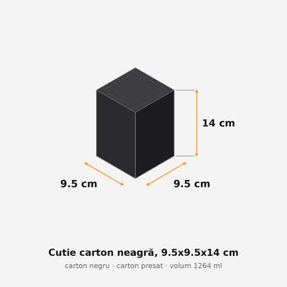 Cutie carton neagră, 9.5x9.5x14 cm – schemă cu dimensiuni