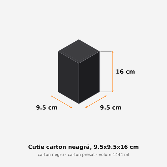Cutie carton neagră, 9.5x9.5x16 cm – schemă cu dimensiuni