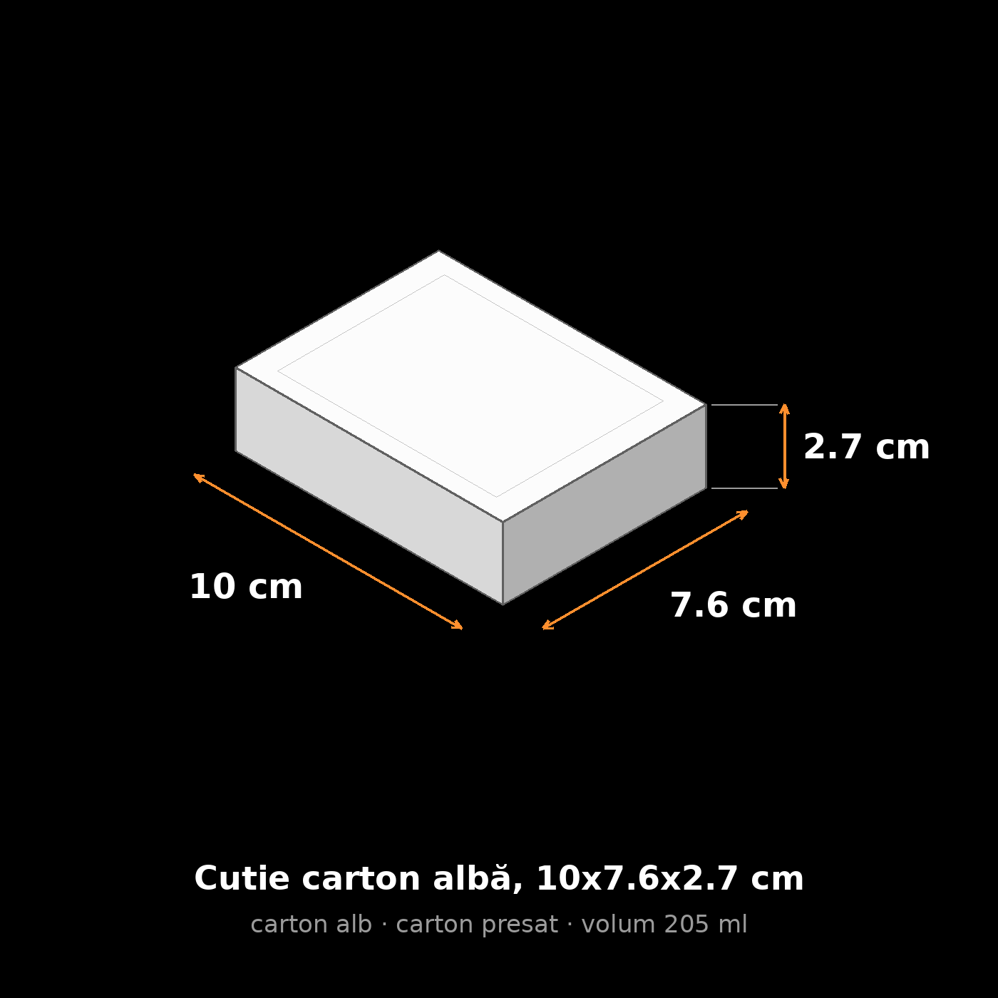 Cutie carton albă, 10x7.6x2.7 cm – schemă cu dimensiuni