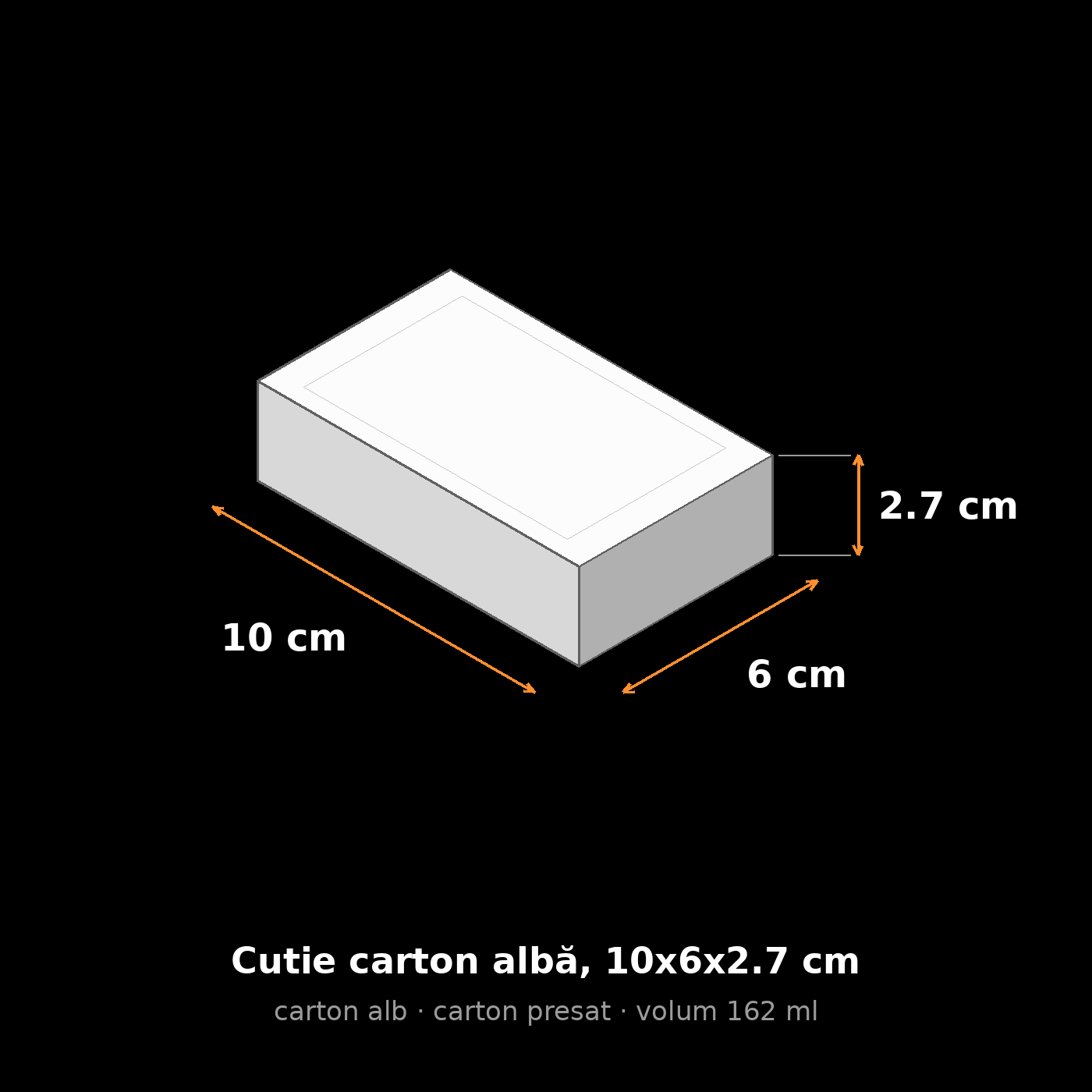 Cutie carton albă, 10x6x2.7 cm – schemă cu dimensiuni
