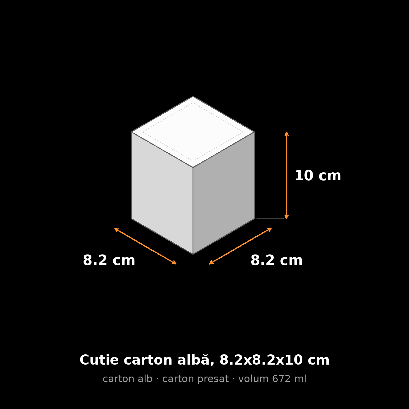Cutie carton albă, 8.2x8.2x10 cm – schemă cu dimensiuni