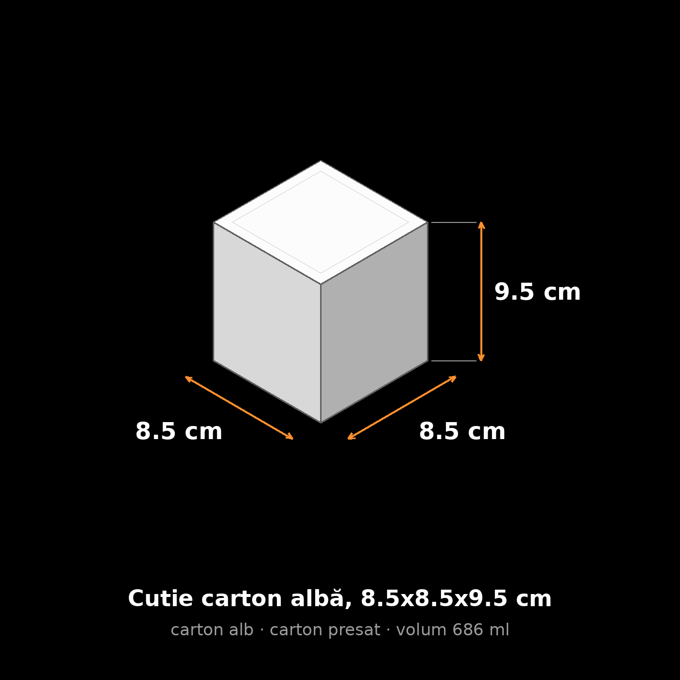 Cutie carton albă, 8.5x8.5x9.5 cm – schemă cu dimensiuni
