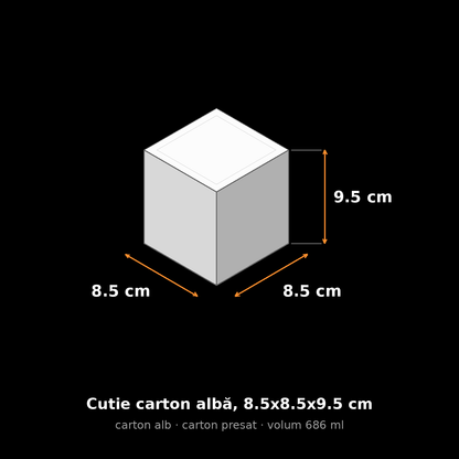 Cutie carton albă, 8.5x8.5x9.5 cm – schemă cu dimensiuni