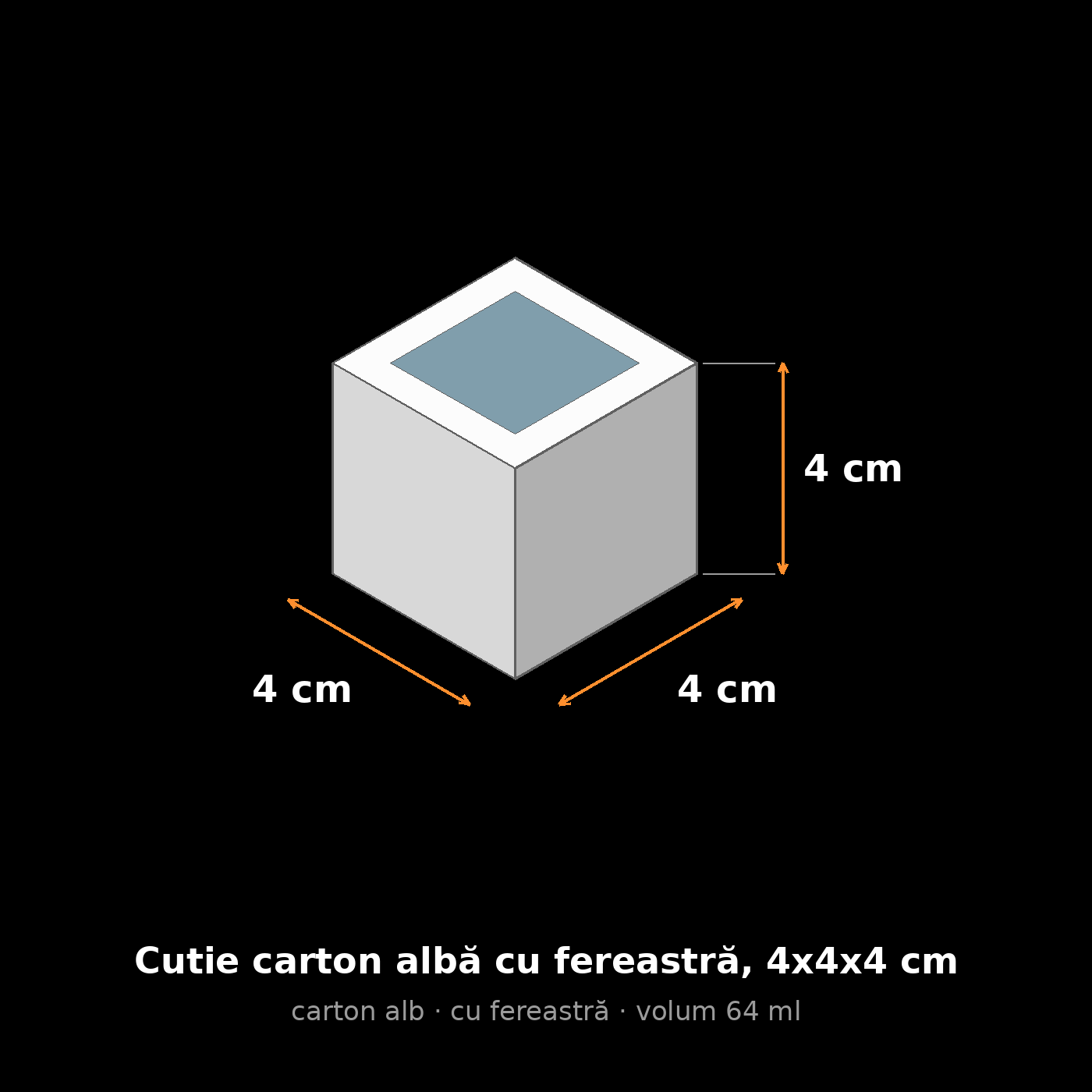 Cutie carton albă cu fereastră, 4x4x4 cm – schemă cu dimensiuni