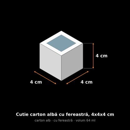 Cutie carton albă cu fereastră, 4x4x4 cm – schemă cu dimensiuni