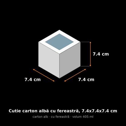Cutie carton albă cu fereastră, 7.4x7.4x7.4 cm – schemă cu dimensiuni