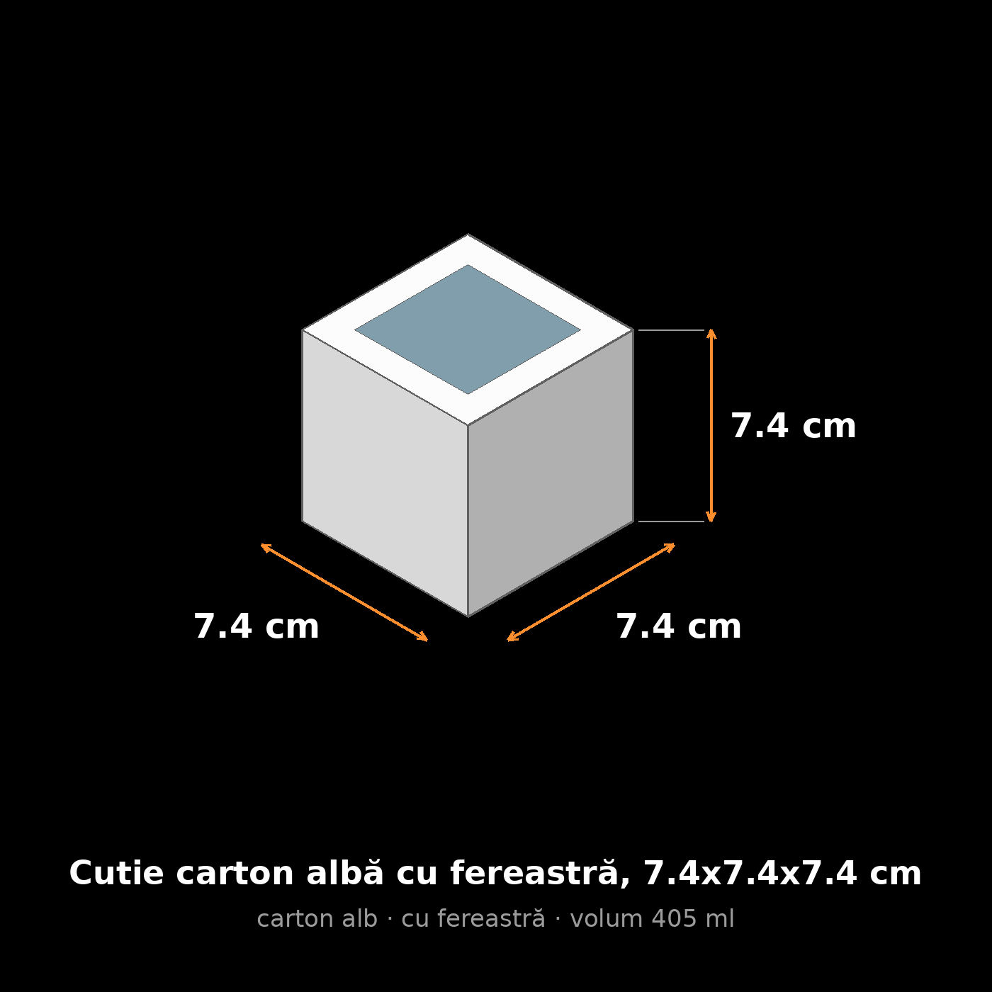 Cutie carton albă cu fereastră, 7.4x7.4x7.4 cm – schemă cu dimensiuni