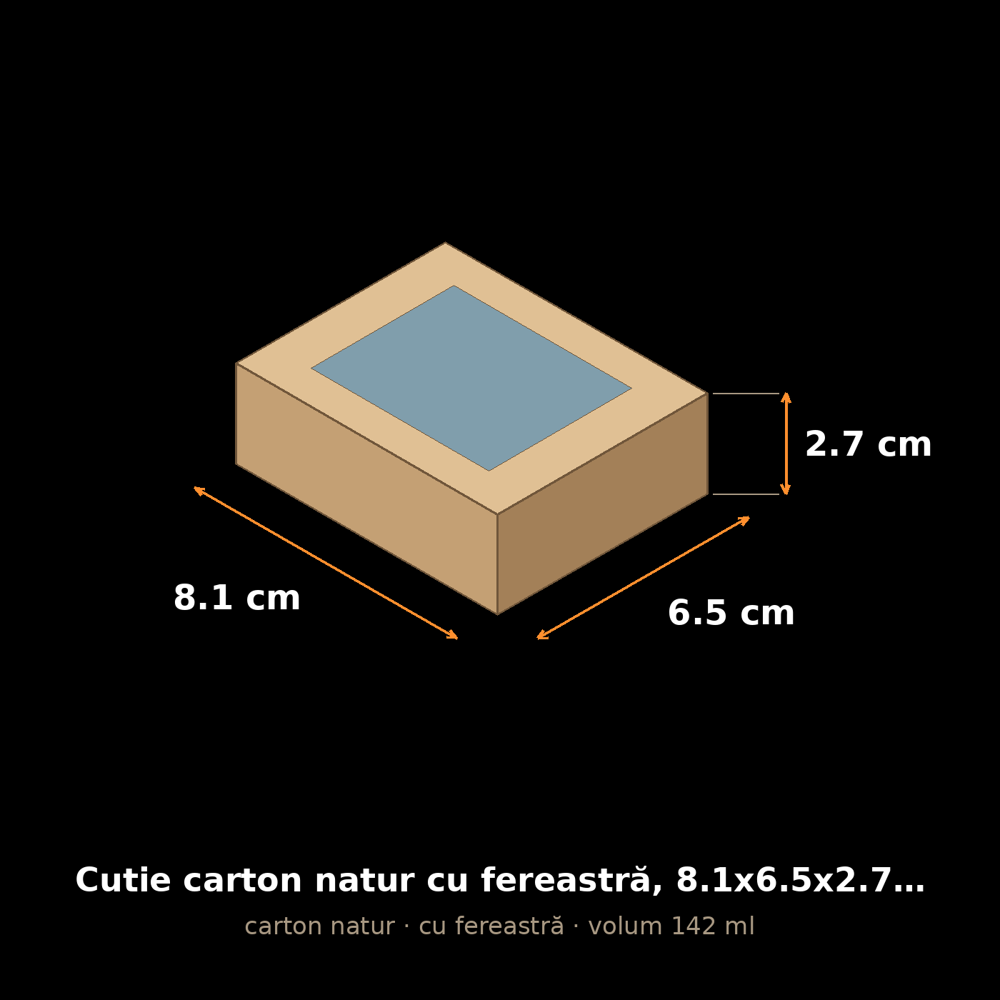Cutie carton natur cu fereastră, 8.1x6.5x2.7 cm – schemă cu dimensiuni