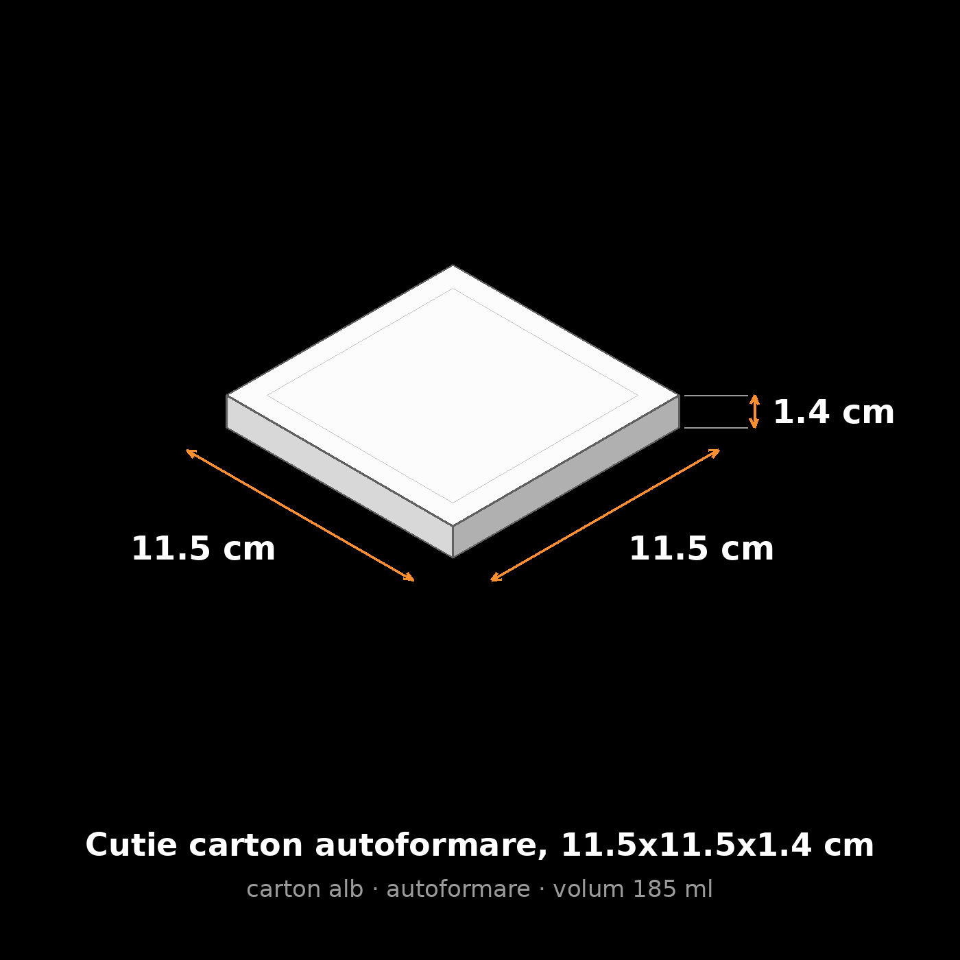 Cutie carton albă autoformare, 11.5x11.5x1.4 cm – schemă cu dimensiuni