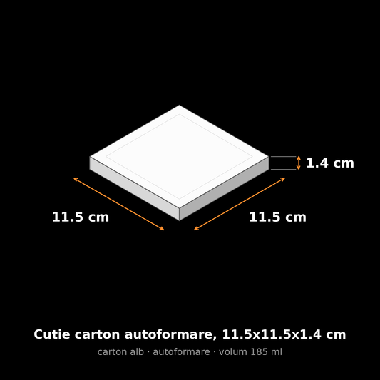 Cutie carton albă autoformare, 11.5x11.5x1.4 cm – schemă cu dimensiuni