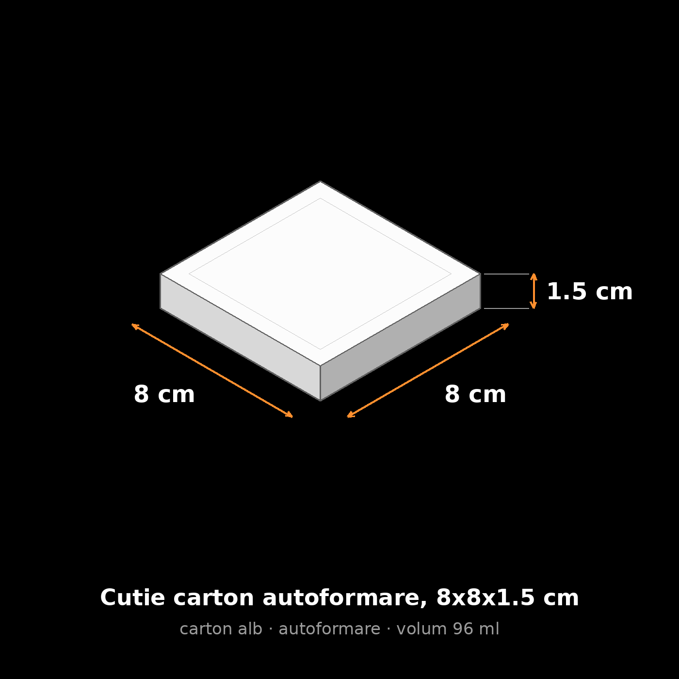 Cutie carton albă autoformare, 8x8x1.5 cm – schemă cu dimensiuni