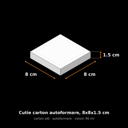 Cutie carton albă autoformare, 8x8x1.5 cm – schemă cu dimensiuni