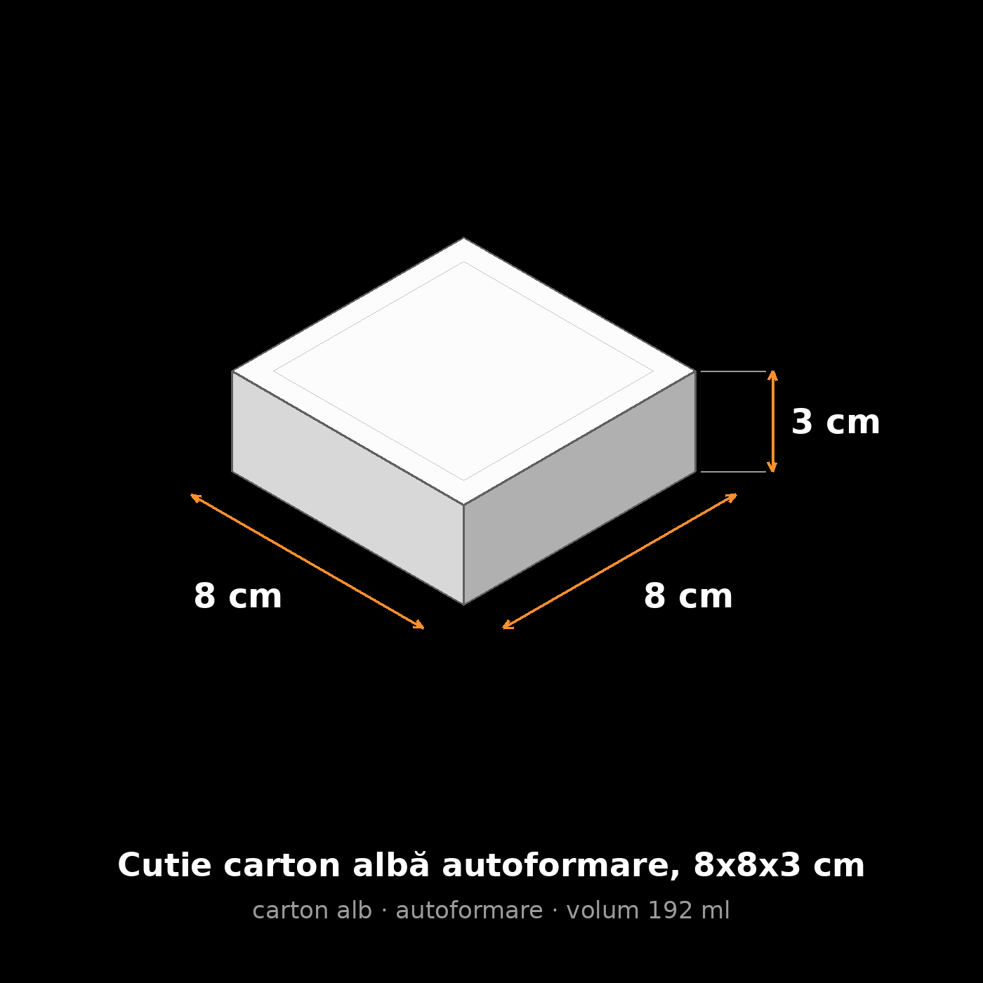 Cutie carton albă autoformare, 8x8x3 cm – schemă cu dimensiuni