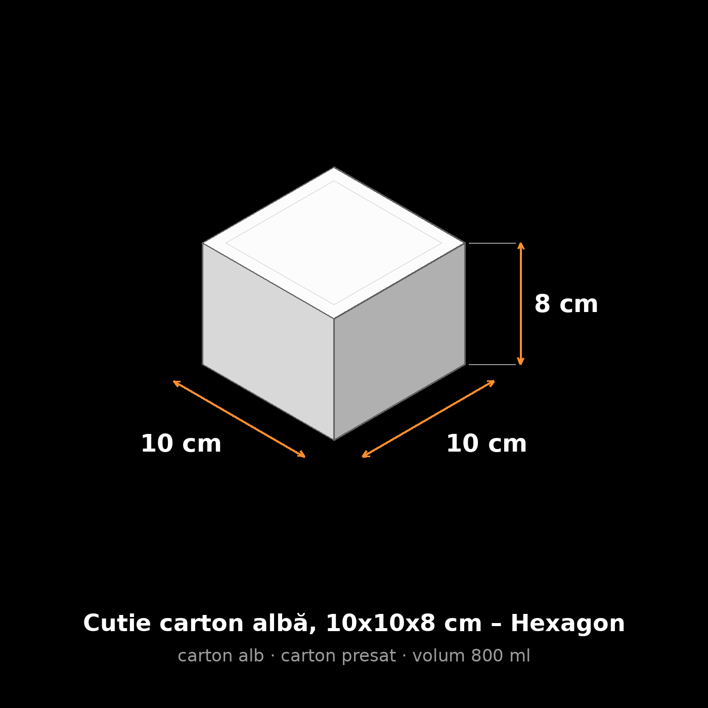 Cutie carton albă, 10x10x8 cm – schemă cu dimensiuni