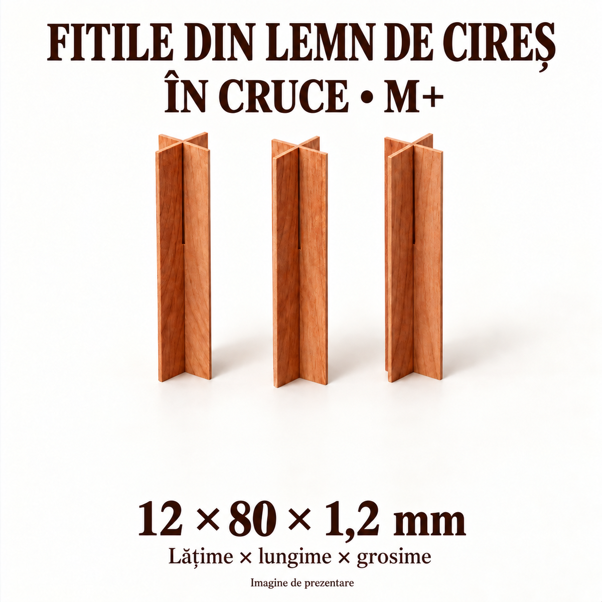 Fitile din lemn de cireș în cruce M+, 12 × 80 × 1,2 mm, imagine de prezentare