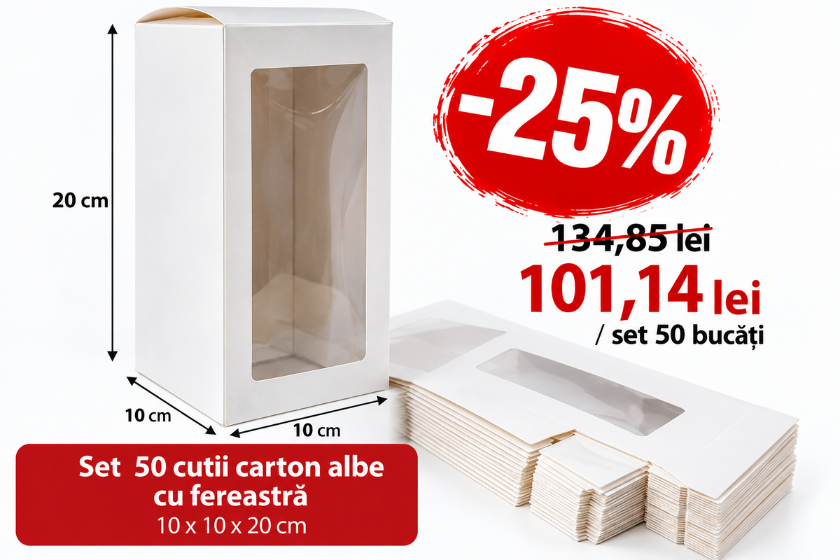 Set 50 cutii albe cu fereastră 10 × 10 × 20 cm, reducere 25%, 101,14 lei