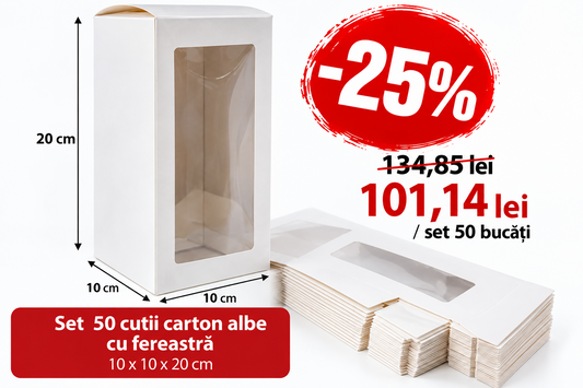 Set 50 cutii albe cu fereastră 10 × 10 × 20 cm, reducere 25%, 101,14 lei