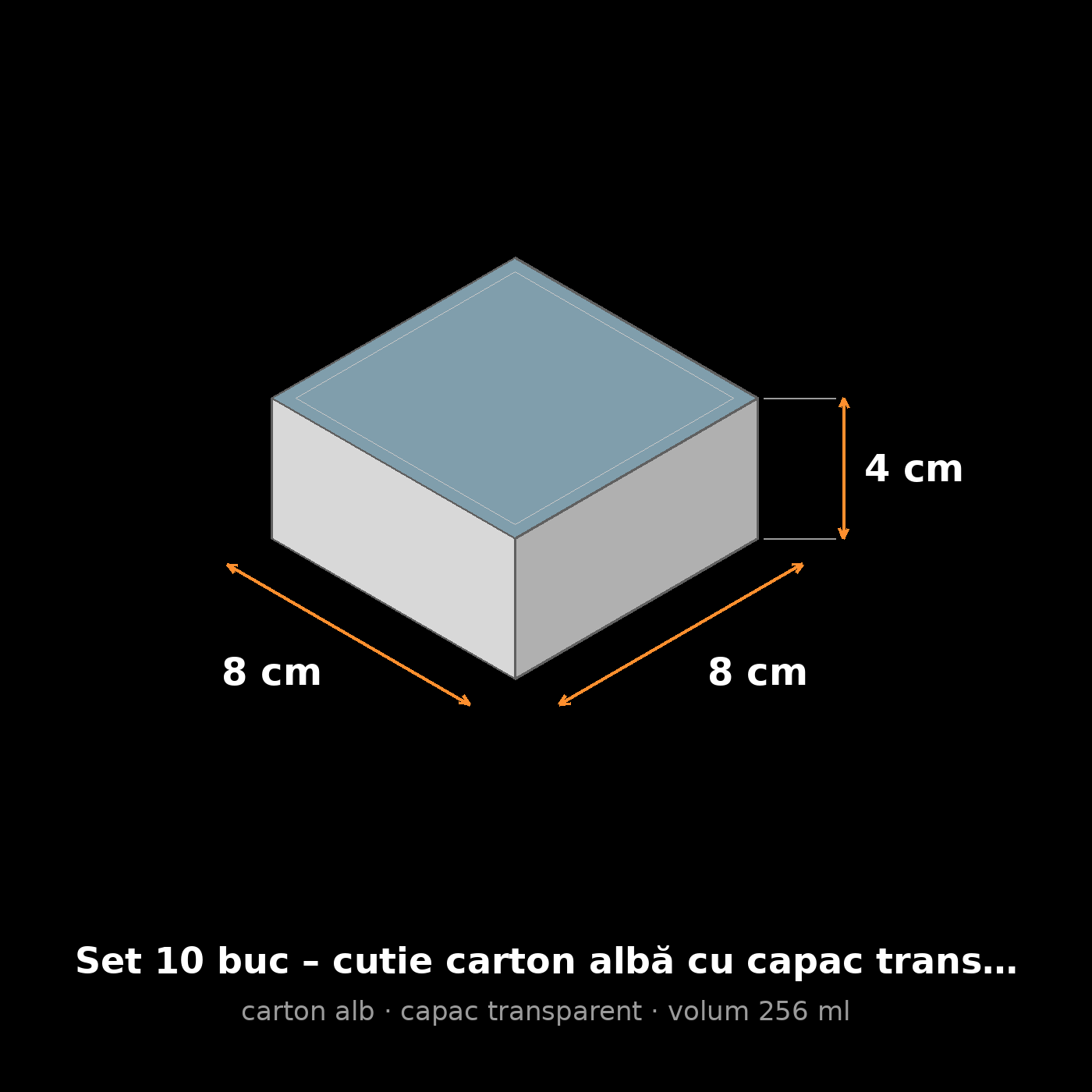 Cutie carton albă cu capac transparent, 8x8x4 cm – schemă cu dimensiuni