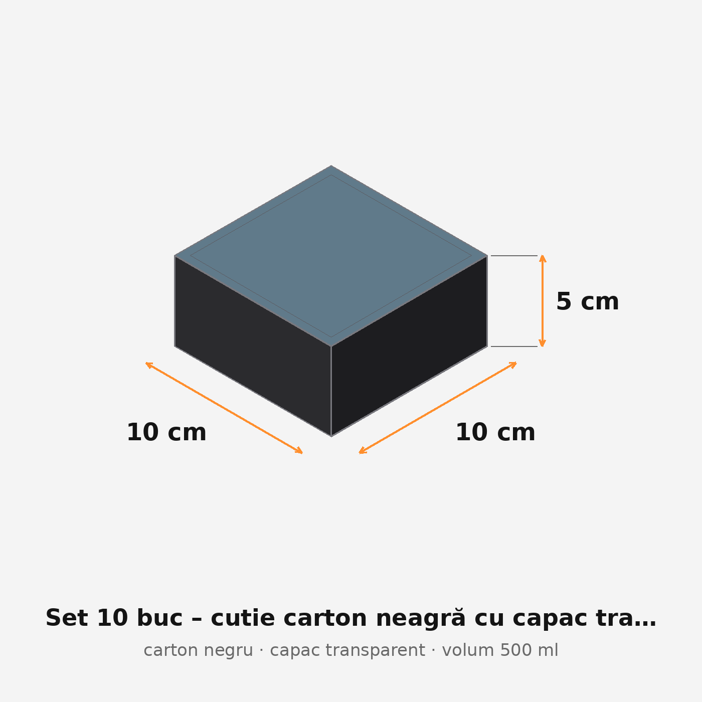 Cutie carton neagră cu capac transparent, 10x10x5 cm – schemă cu dimensiuni