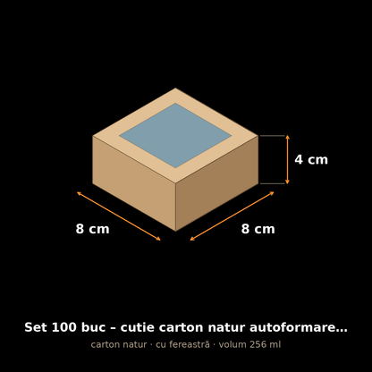 Cutie carton natur cu fereastră, 8x8x4 cm – schemă cu dimensiuni
