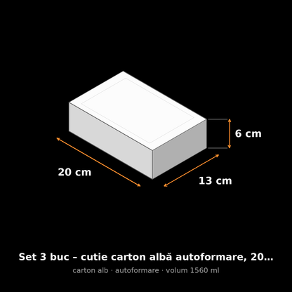 Cutie carton albă autoformare, 20x13x6 cm – schemă cu dimensiuni