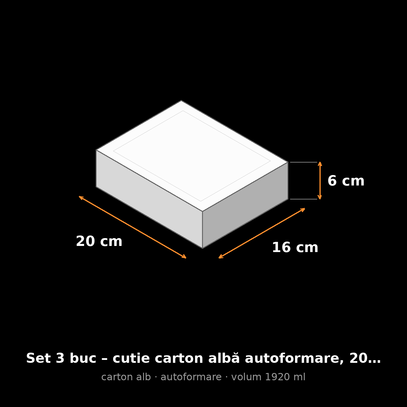 Cutie carton albă autoformare, 20x16x6 cm – schemă cu dimensiuni