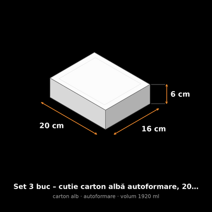 Cutie carton albă autoformare, 20x16x6 cm – schemă cu dimensiuni