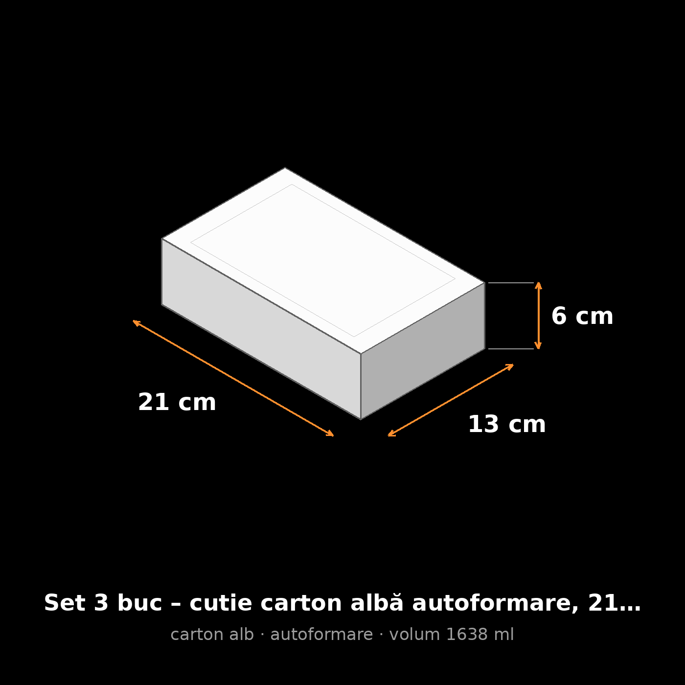 Cutie carton albă autoformare, 21x13x6 cm – schemă cu dimensiuni