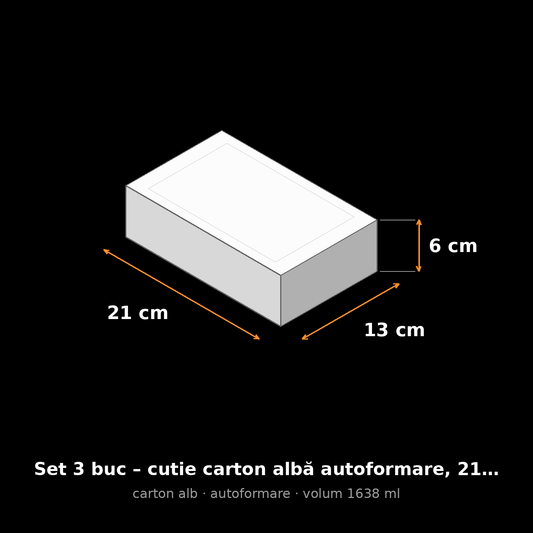 Cutie carton albă autoformare, 21x13x6 cm – schemă cu dimensiuni